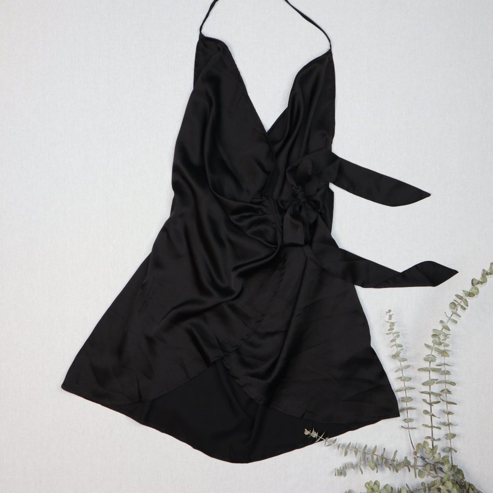 PLT black satin halterneck wrap bodycon dress